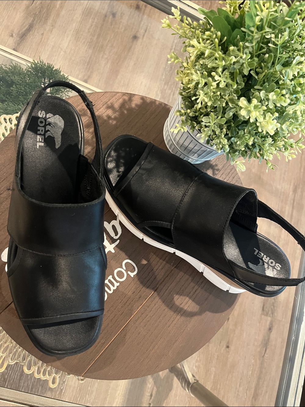 Sorel Black Leather Slingback Platform Sandal